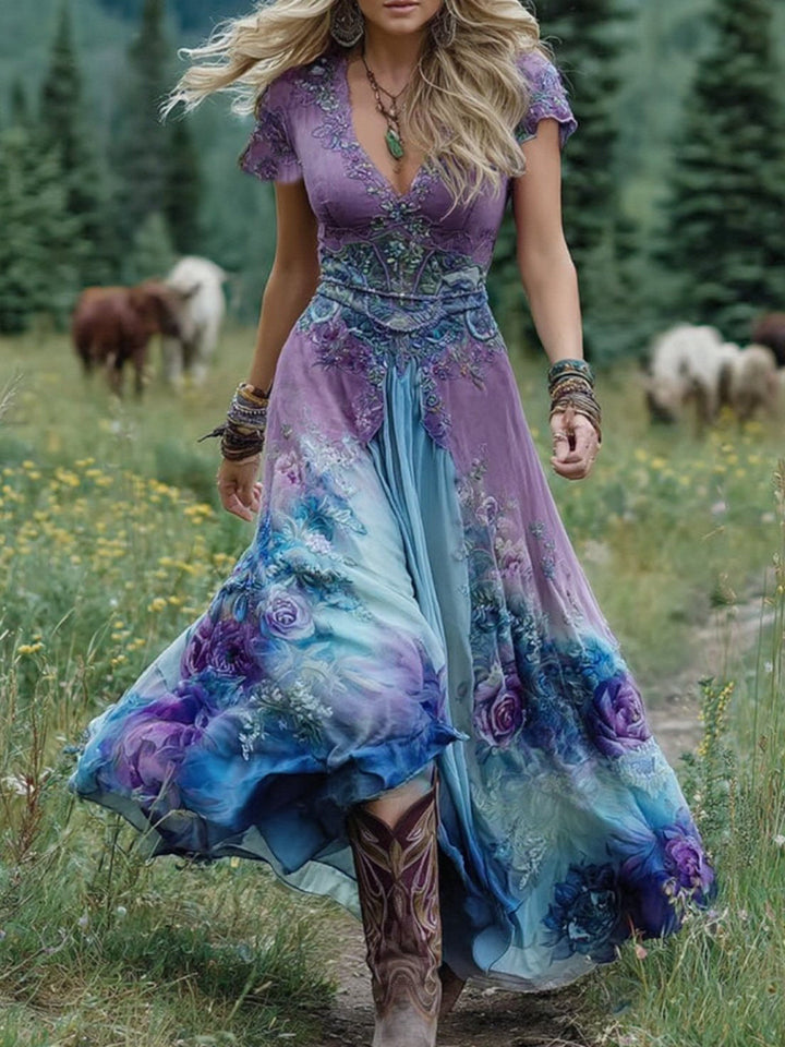 Calindra | Damen Kleid Farbverlauf Maxi Länge