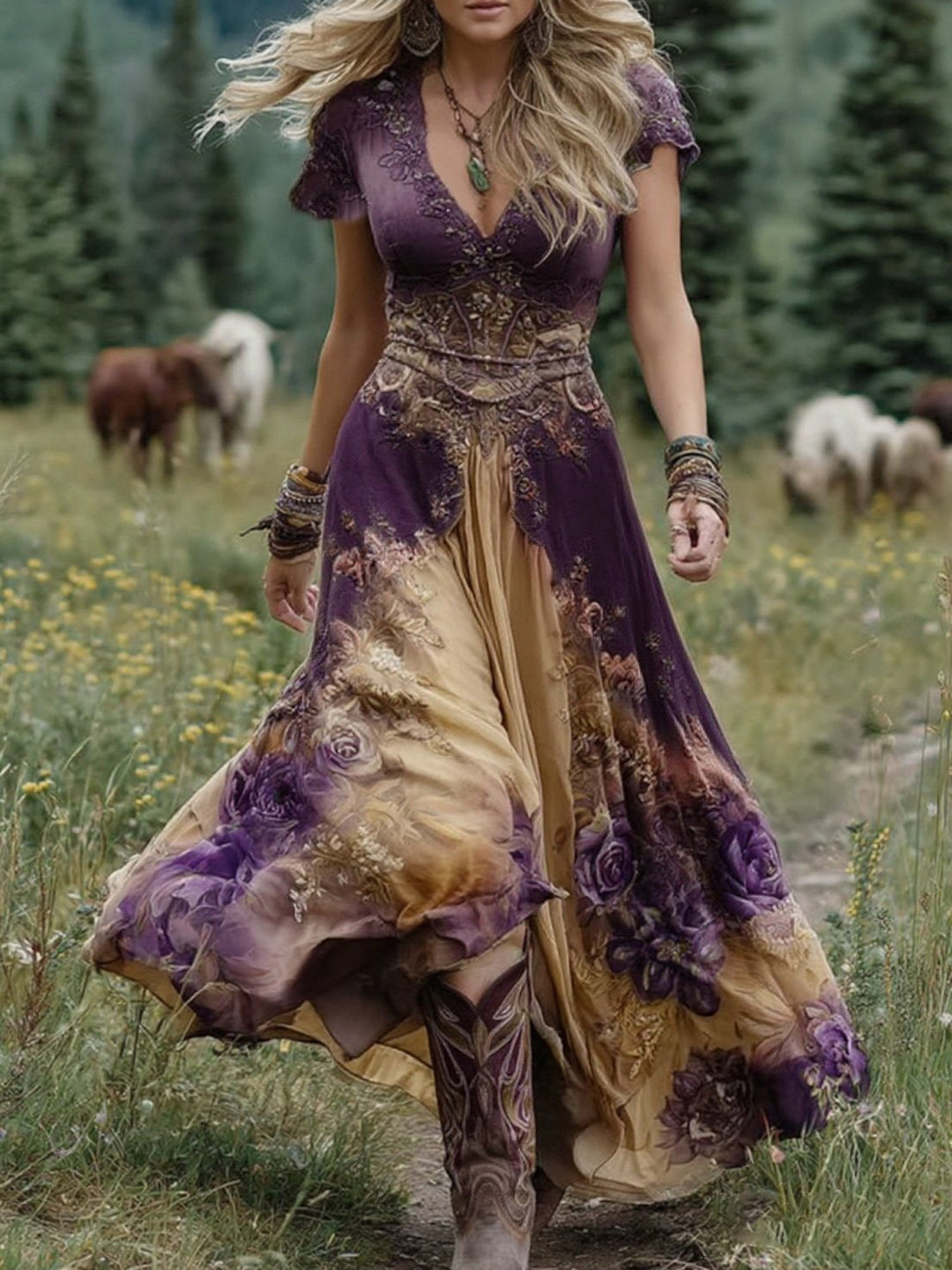 Calindra | Damen Kleid Farbverlauf Maxi Länge