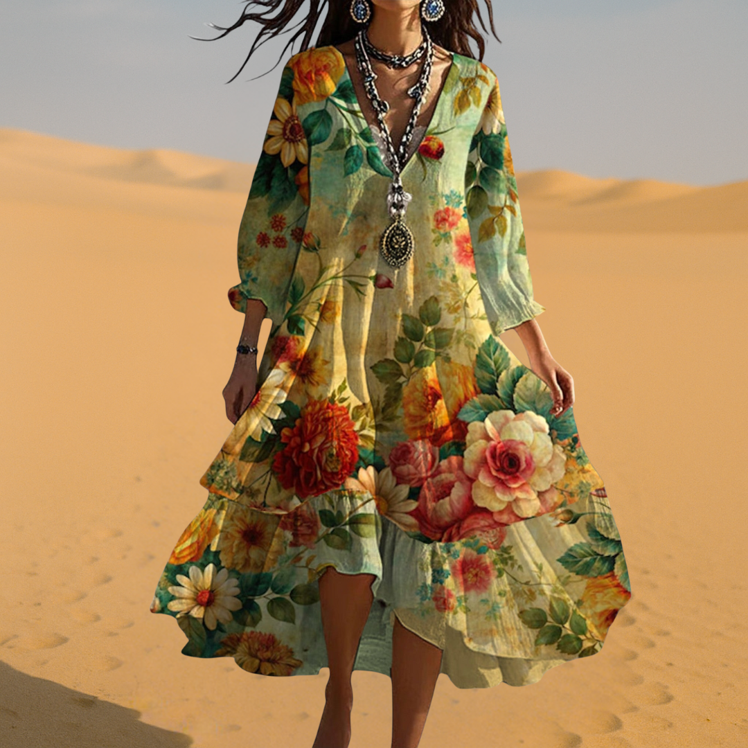 Talia | Damen Boho Kleid Floral Midi V-Ausschnitt 3/4 Ärmel