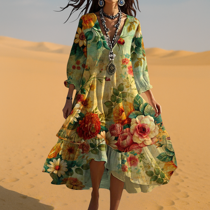 Talia | Damen Boho Kleid Floral Midi V-Ausschnitt 3/4 Ärmel