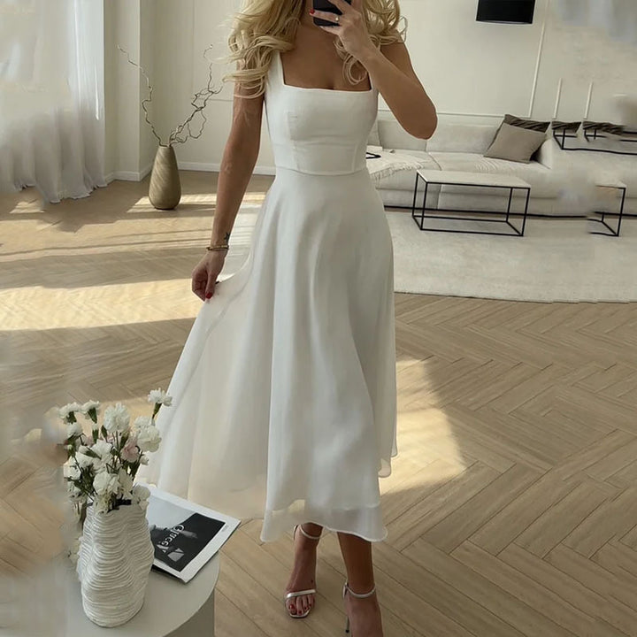 Alessandra | Damen Hochzeitsgast Midi Kleid mit Quadrat-Ausschnitt