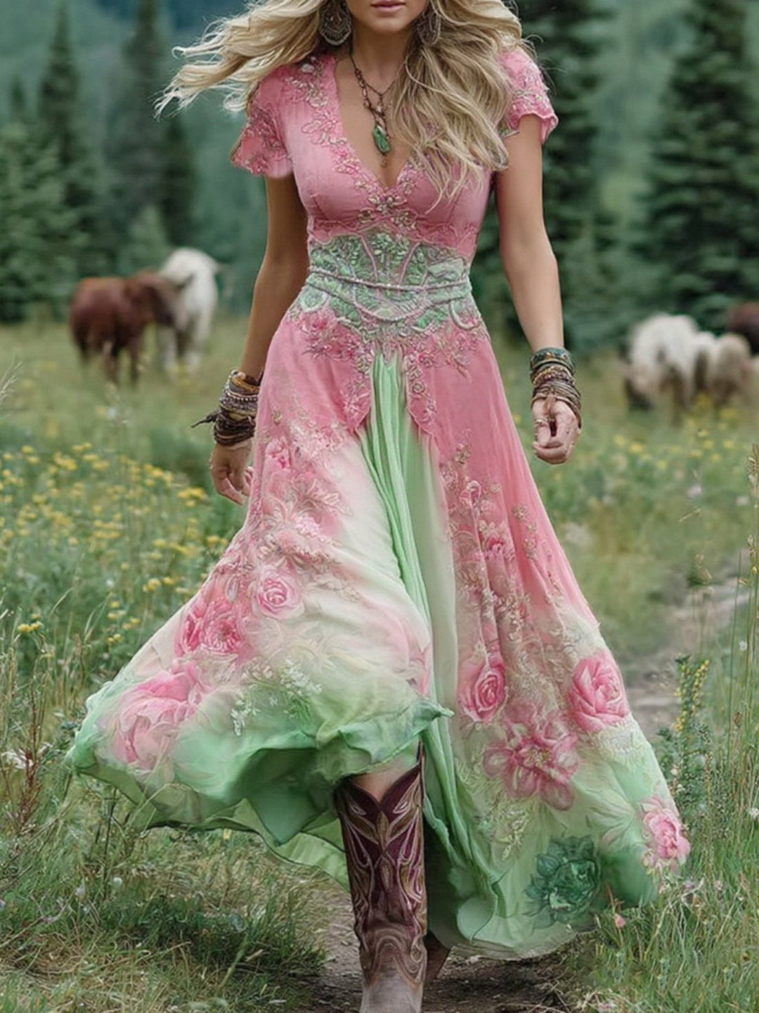 Calindra | Damen Kleid Farbverlauf Maxi Länge