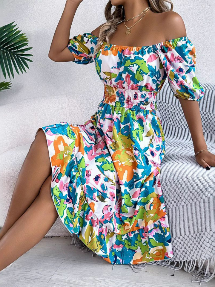 Cora | Damen Boho Kleid Off-Shoulder Mini Gesmokte Taille