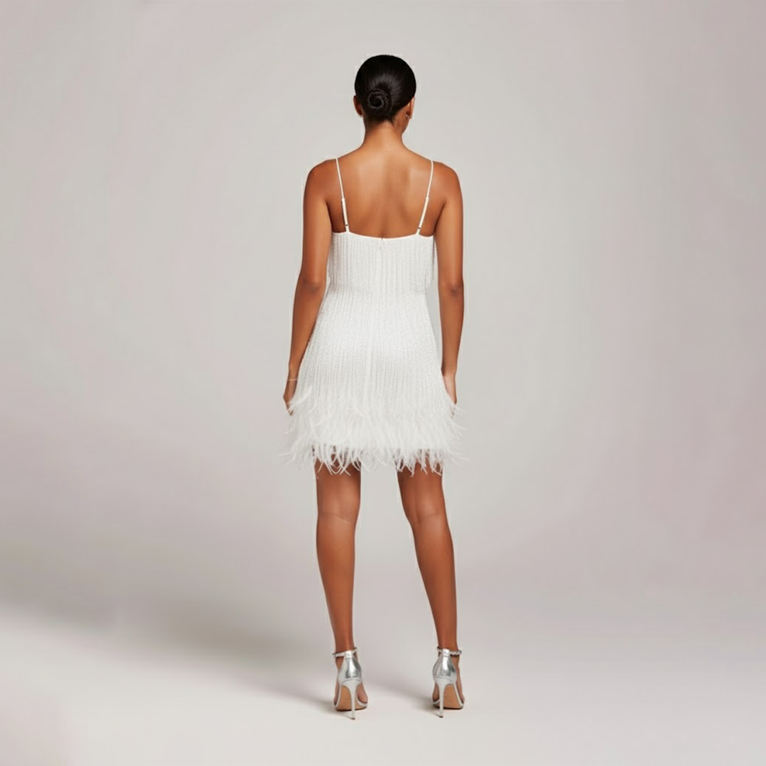 Donatella | Damen Party Kleid Mini mit Fransen und Federn