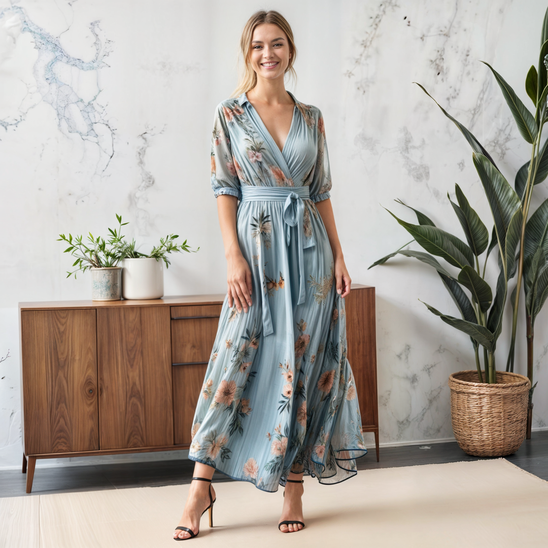 Georgia | Damenkleid Puffärmel Midi Wickeloptik