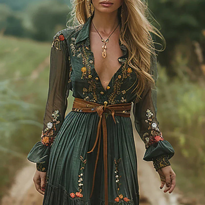 Elmira | Damen Bohemian Kleid Besticktes V-Ausschnitt Maxi