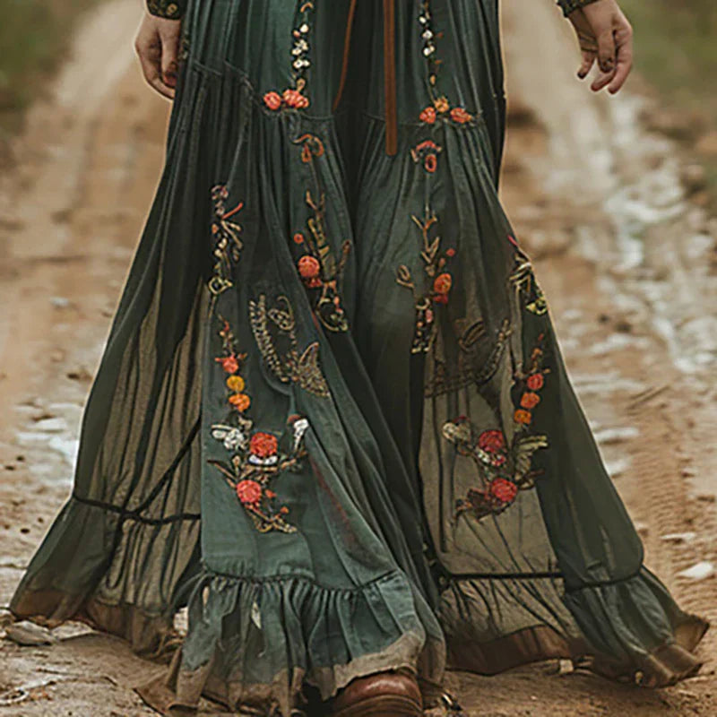 Elmira | Damen Bohemian Kleid Besticktes V-Ausschnitt Maxi