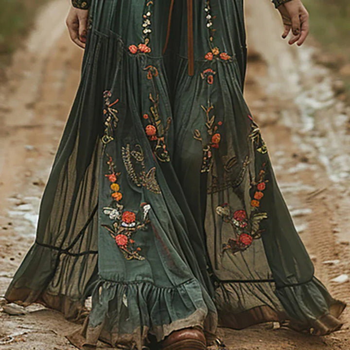 Elmira | Damen Bohemian Kleid Besticktes V-Ausschnitt Maxi