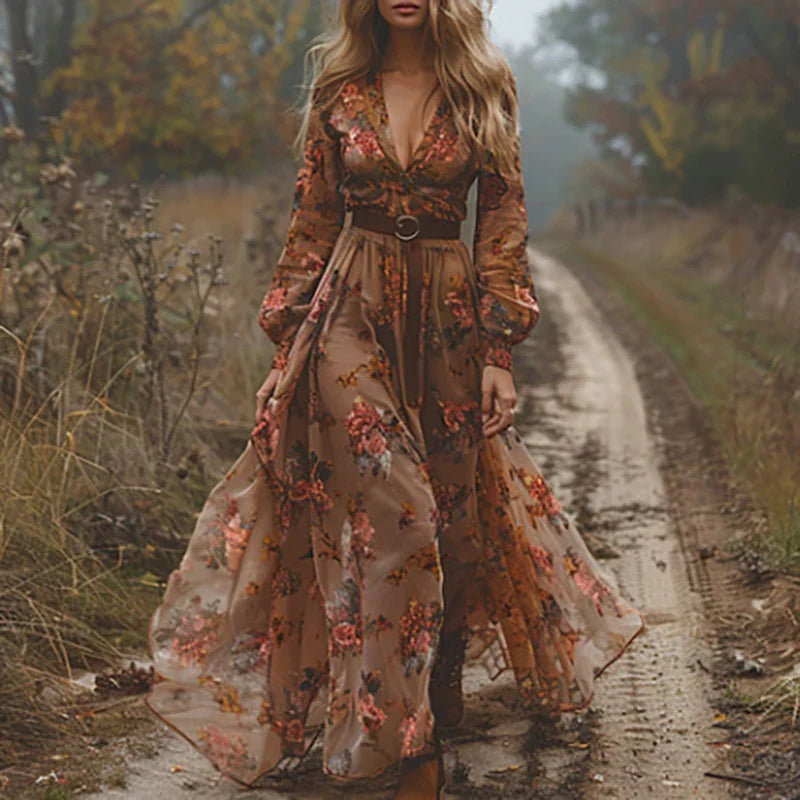 Elmira | Damen Bohemian Kleid Besticktes V-Ausschnitt Maxi