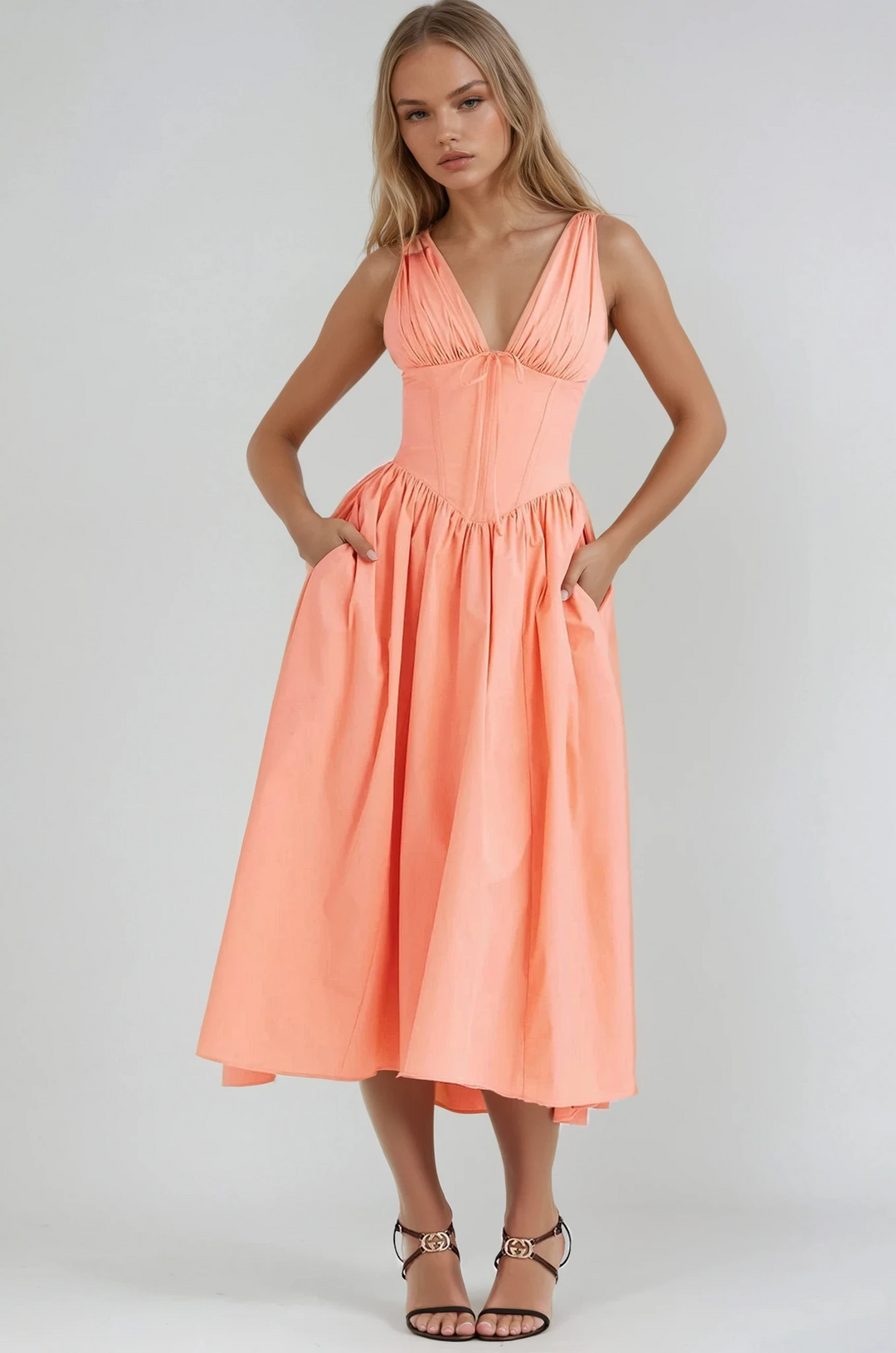 Alina | Damen Sommerkleid Ärmellos V-Ausschnitt Midi