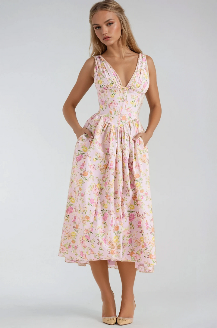 Alina | Damen Sommerkleid Ärmellos V-Ausschnitt Midi