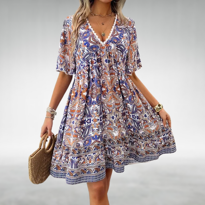 Emanuela | Damen Sommer Boho Paisley Mini Kleid