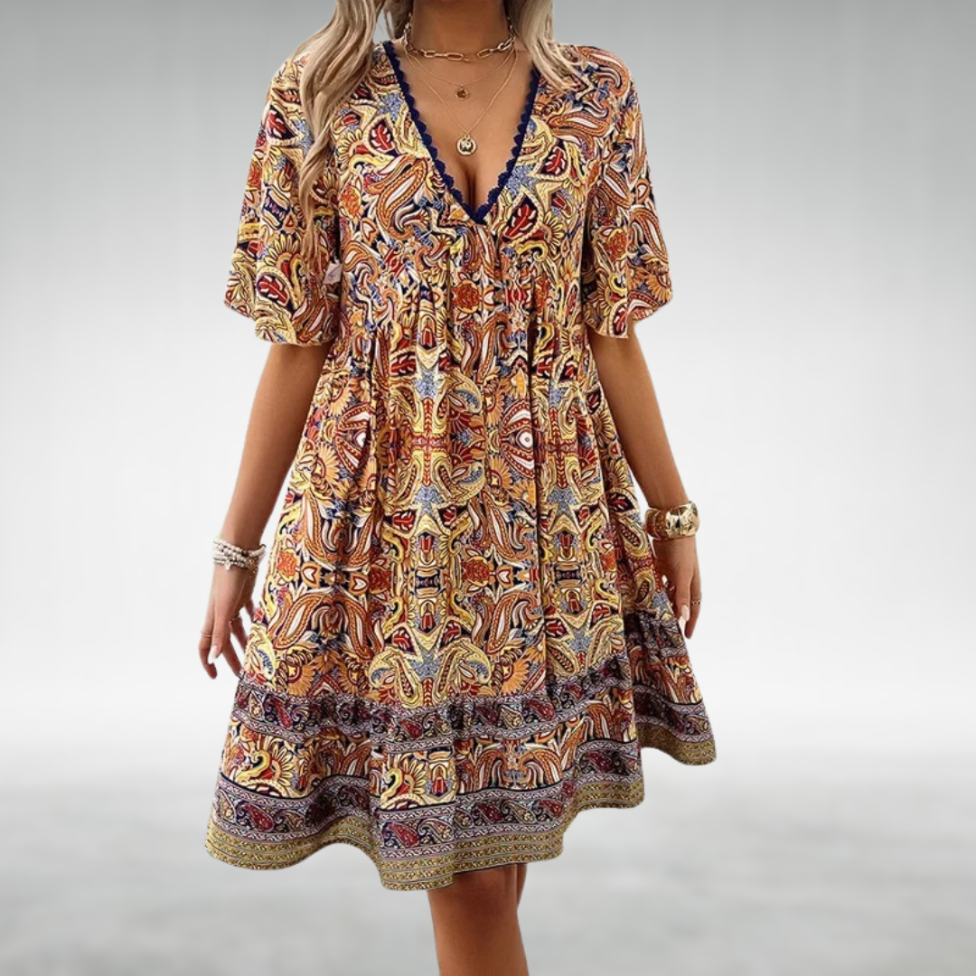Emanuela | Damen Sommer Boho Paisley Mini Kleid