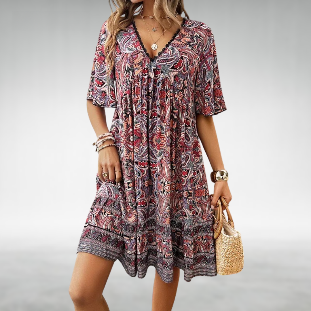 Emanuela | Damen Sommer Boho Paisley Mini Kleid