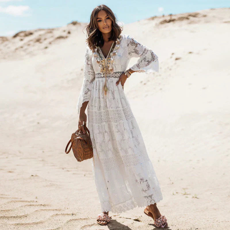 Almeria | Damen Sommer Bohemian Langarm Maxi Kleid