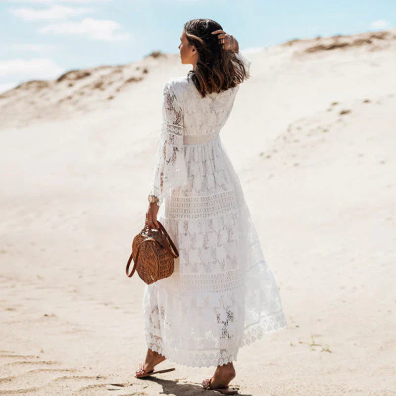 Almeria | Damen Sommer Bohemian Langarm Maxi Kleid