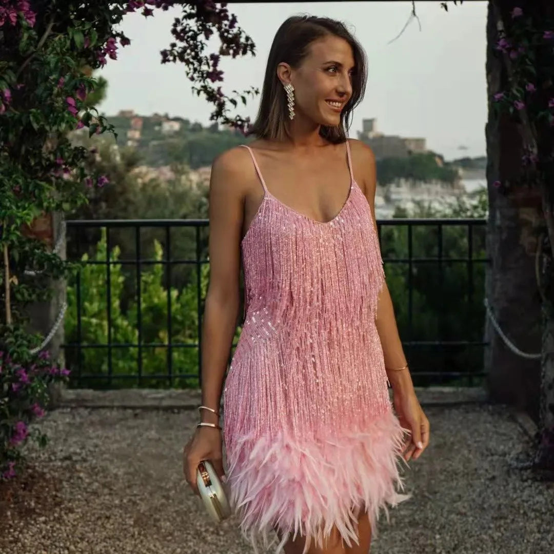 Valentia | Damen Cocktail Kleid mit Fransen Federn