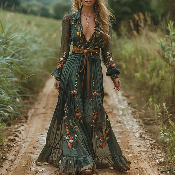 Elmira | Damen Bohemian Kleid Besticktes V-Ausschnitt Maxi
