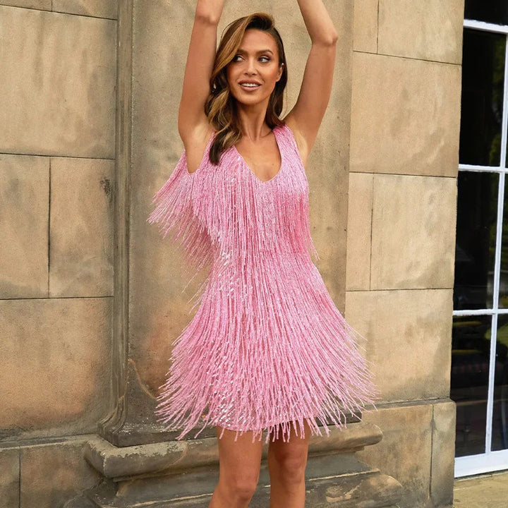 Alba | Damen Cocktail Kleid mit Fransen und Federn
