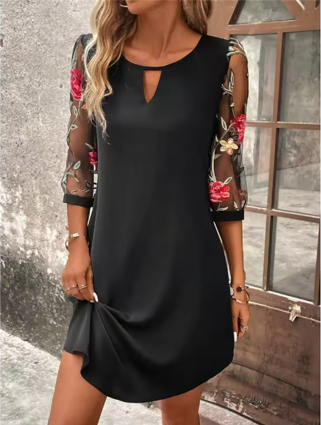 Melanie | Damenkleid Keyhole Mini Bestickte Ärmel