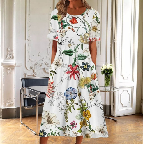 Margaret | Damenkleid Floral Midi Kurzarm