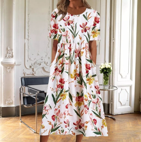 Margaret | Damenkleid Floral Midi Kurzarm