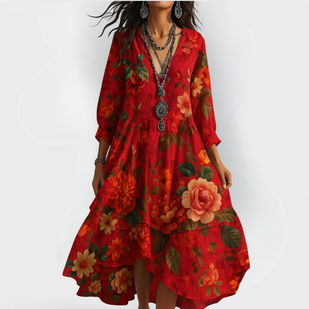 Talia | Damen Boho Kleid Floral Midi V-Ausschnitt 3/4 Ärmel