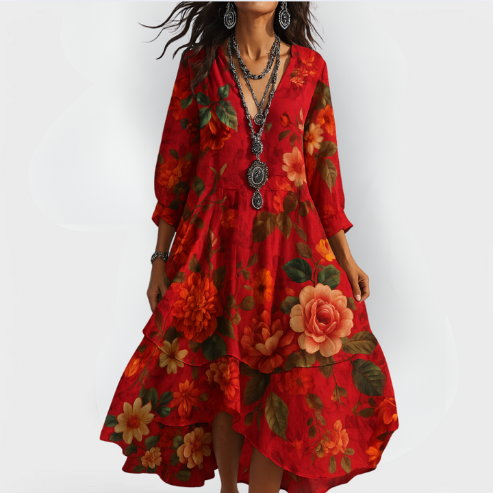 Talia | Damen Boho Kleid Floral Midi V-Ausschnitt 3/4 Ärmel