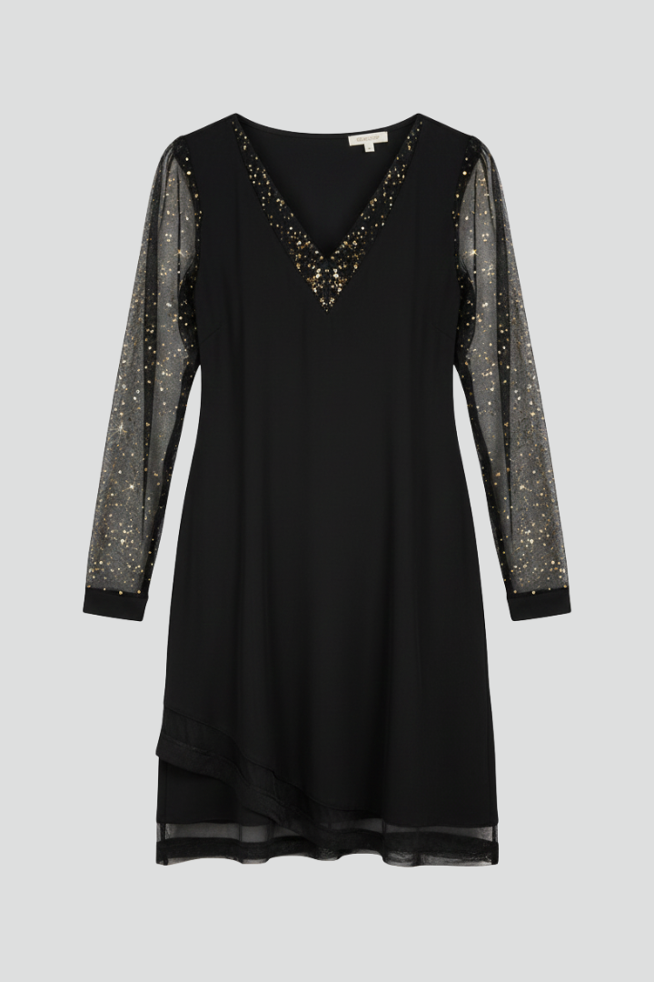 Renata | Damen V-Ausschnitt Cocktail Kleid mit Paillettenärmeln