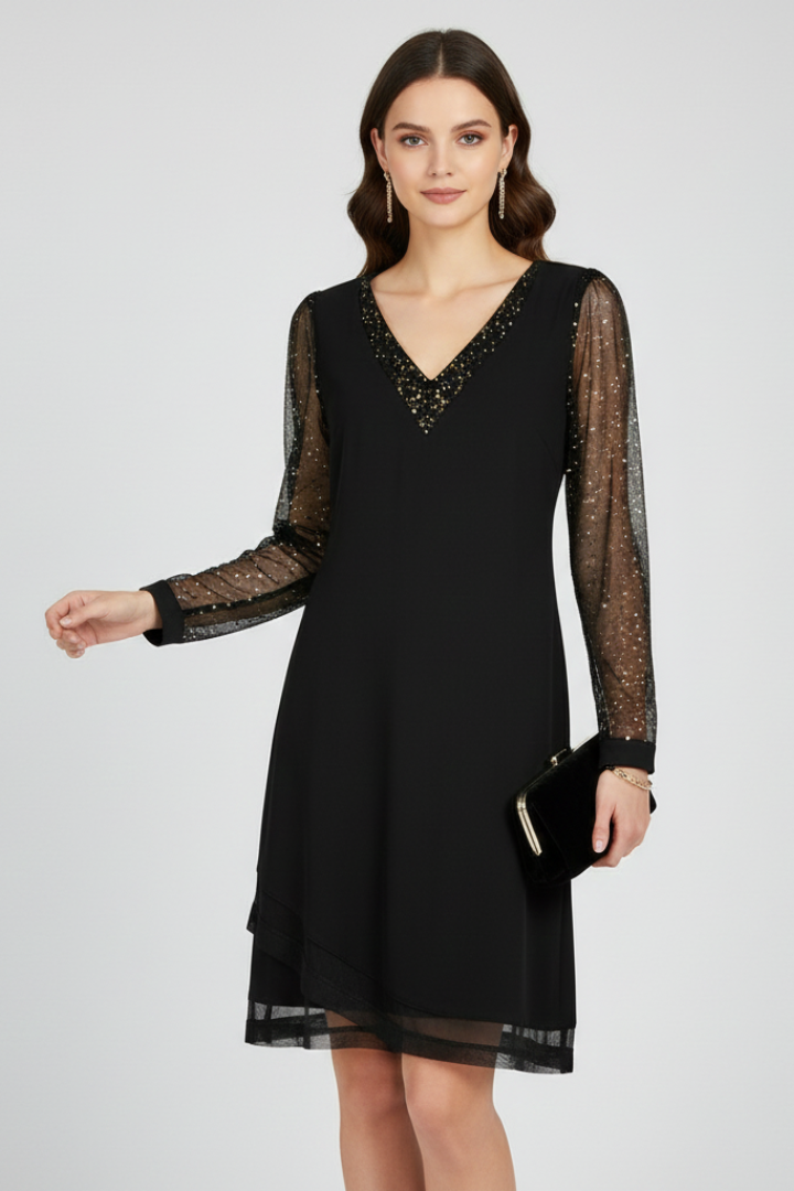 Renata | Damen V-Ausschnitt Cocktail Kleid mit Paillettenärmeln
