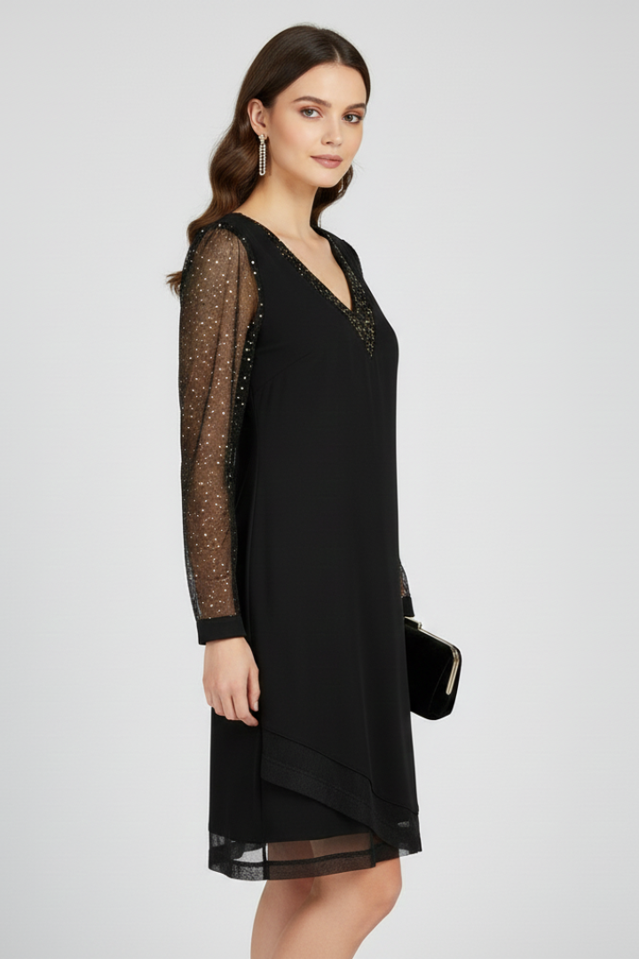 Renata | Damen V-Ausschnitt Cocktail Kleid mit Paillettenärmeln