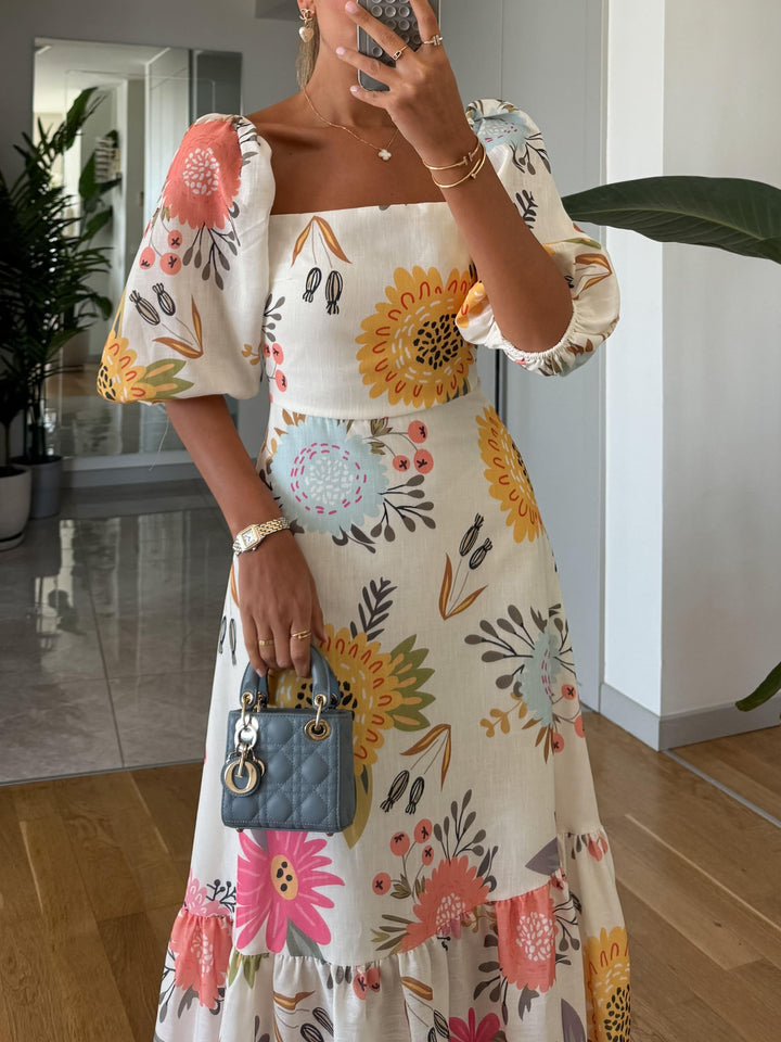 Mariam | Damenkleid Quadratischer Ausschnitt Floral Midi