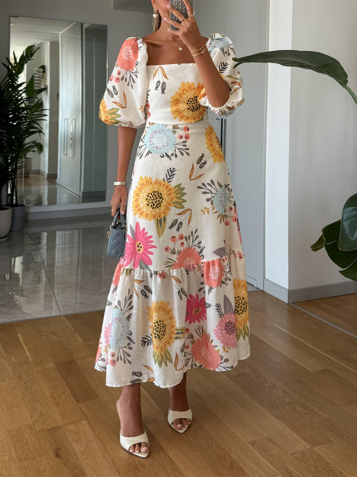 Mariam | Damenkleid Quadratischer Ausschnitt Floral Midi