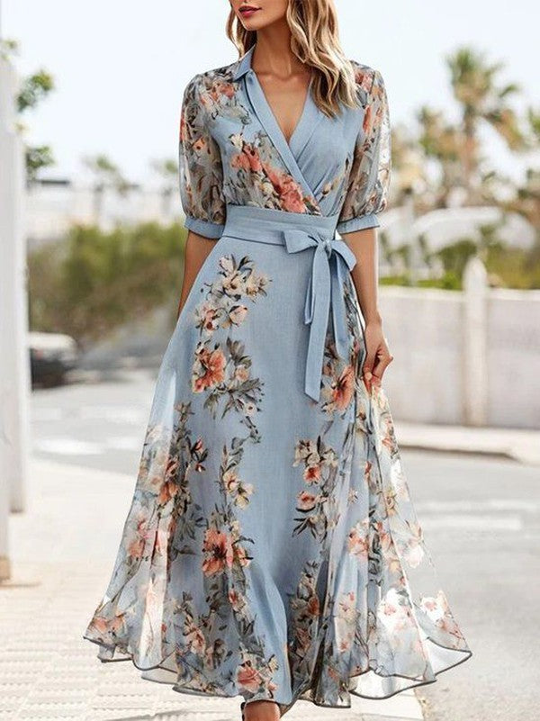Georgia | Damenkleid Puffärmel Midi Wickeloptik