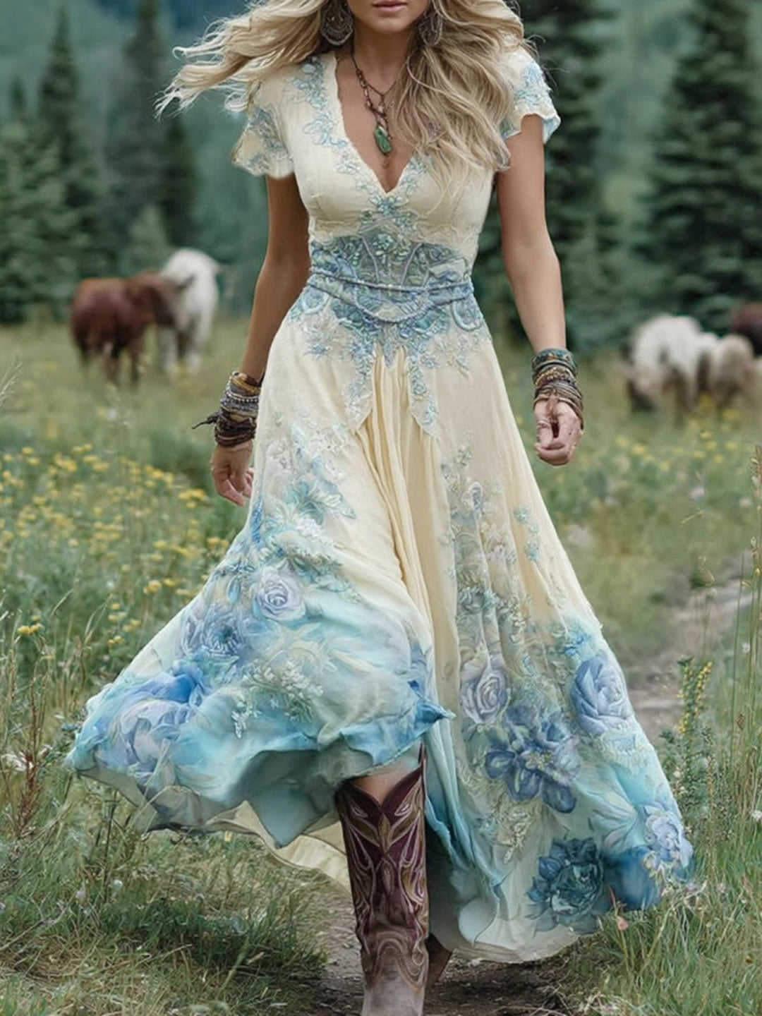 Calindra | Damen Kleid Farbverlauf Maxi Länge