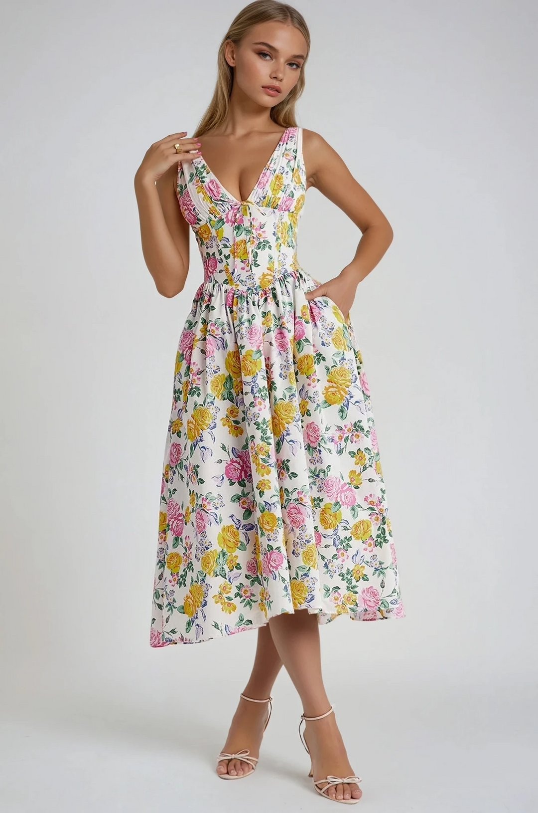 Alina | Damen Sommerkleid Ärmellos V-Ausschnitt Midi