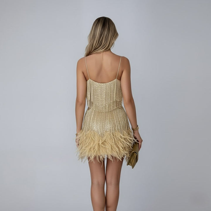 Donatella | Damen Party Kleid Mini mit Fransen und Federn