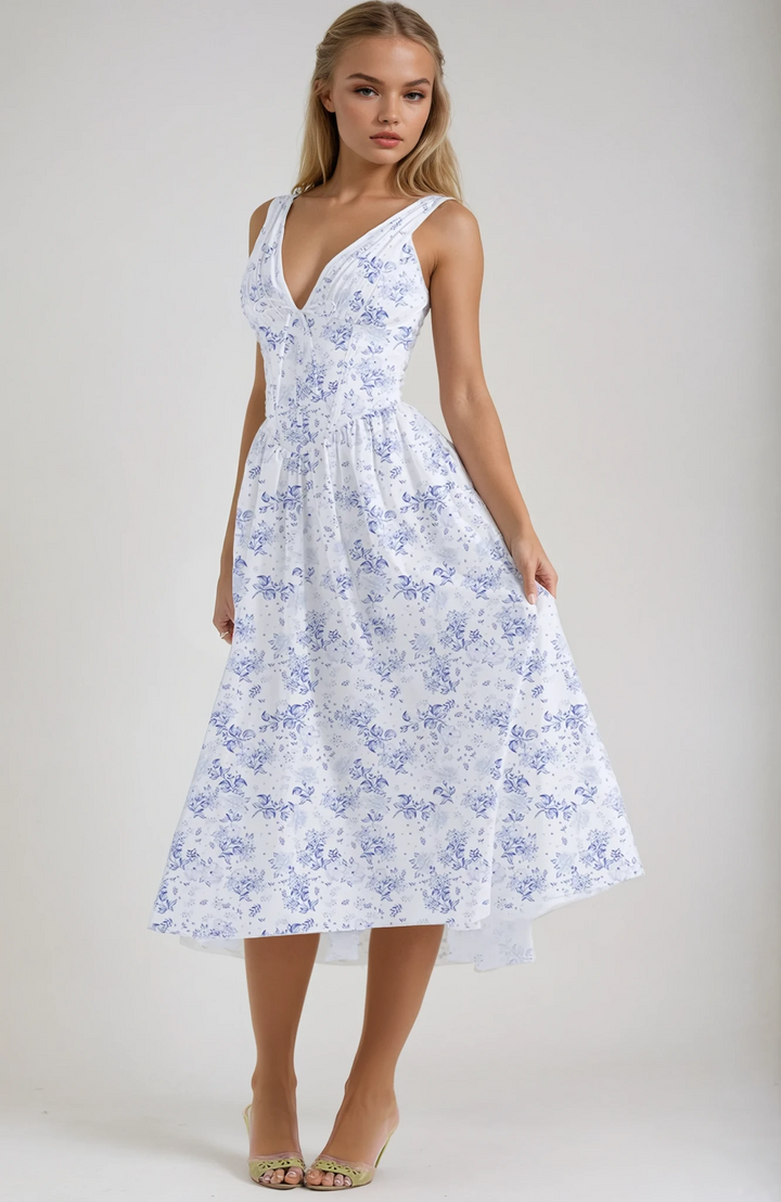 Alina | Damen Sommerkleid Ärmellos V-Ausschnitt Midi