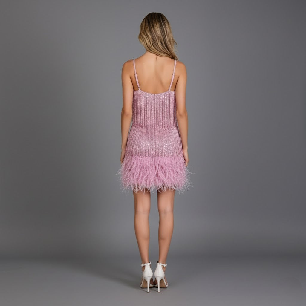 Donatella | Damen Party Kleid Mini mit Fransen und Federn