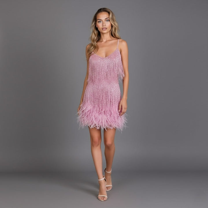 Donatella | Damen Party Kleid Mini mit Fransen und Federn