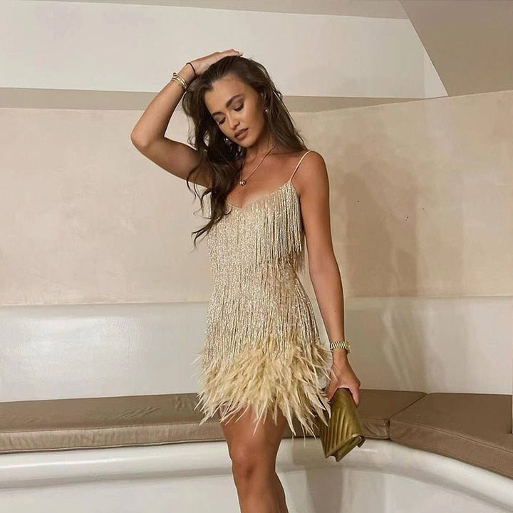 Noemi | Damen Sommer Figurbetontes Pailletten Cocktail Mini Kleid