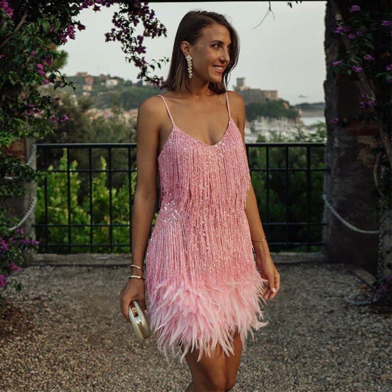 Noemi | Damen Sommer Figurbetontes Pailletten Cocktail Mini Kleid