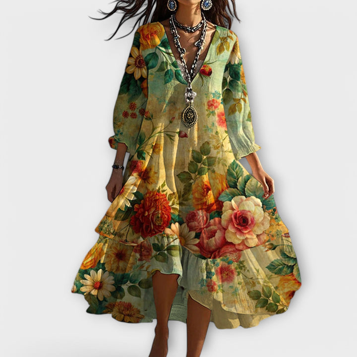 Talia | Damen Boho Kleid Floral Midi V-Ausschnitt 3/4 Ärmel